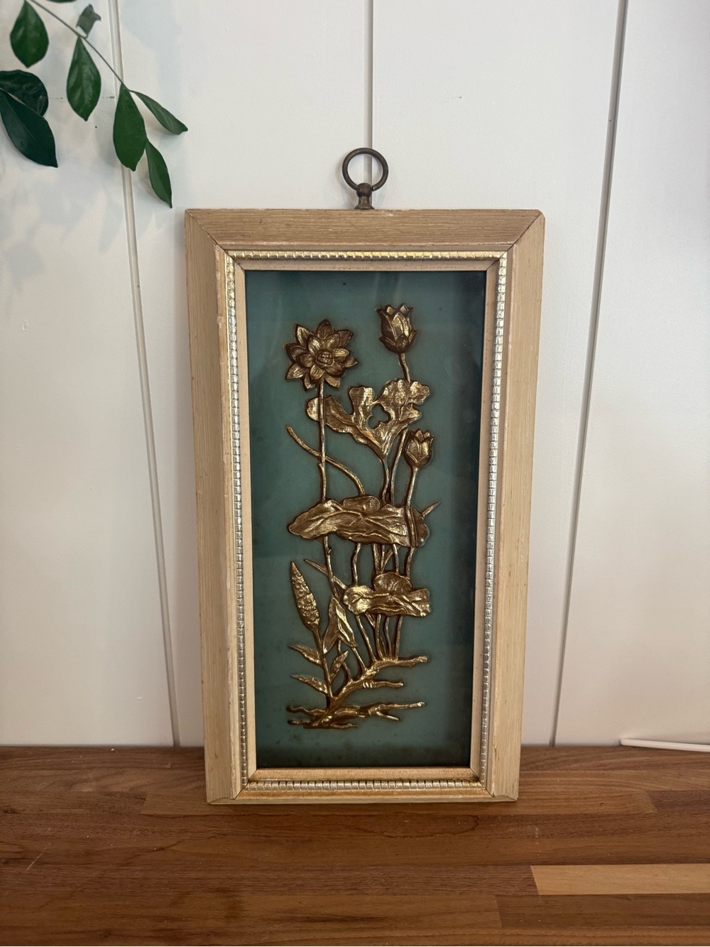 Vintage Framed Gold Floral Relief Wall Art on Teal Background
